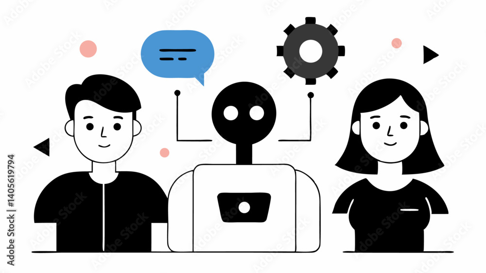 Poster a set of characters interacting with ai technology demonstrating modern artificial intelligence in v