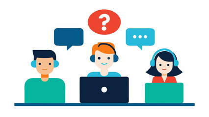 Illustration of helpdesk representatives providing solutions and assistance to customers with common questions perfect for tech support and service use