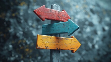 Three colorful arrows in flat design pointing in different directions on a blue background, accompanied by a gray pole with signs, presented in a minimalistic style featuring simple shapes and colors,