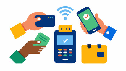 Fototapeta premium Hands of people from different backgrounds making wireless payments with credit cards ideal for e commerce and modern banking related designs