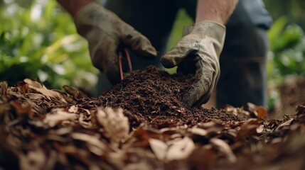 Landscaping worker mulching a garden bed. Featuring care and dedication