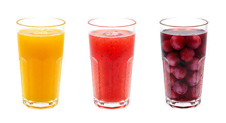 Three glasses filled with fresh orange juice, strawberry juice, and grape juice placed on a clean white background looking vibrant, healthy, and refreshing for drinks.