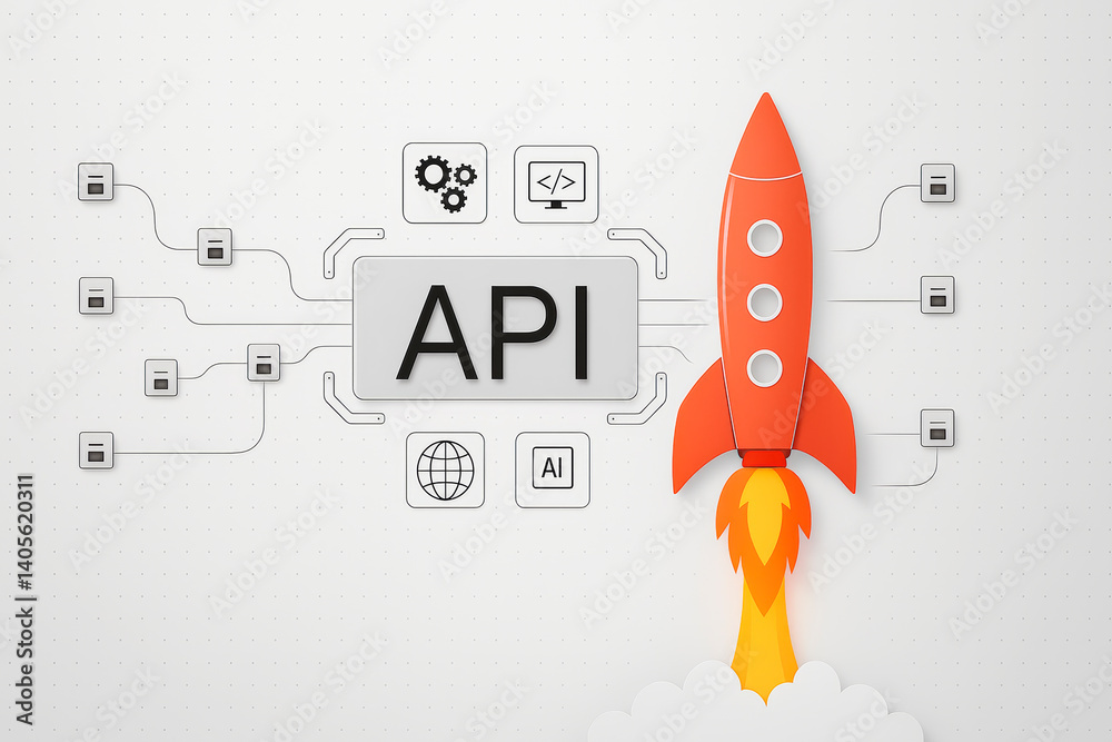 Aufkleber API launch with rocket symbolizing startup growth and technology success on light background, connected to internet and web service icons.