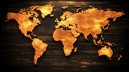 Rustic Wooden World Map Art on Dark Vintage Timber Background for Home Decor