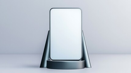 Phone mockup. Silver base supports a sleek mobile device on a light gray surface