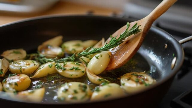 "Delicious saut&eacute;ed garlic and fresh herbs sizzling in olive oil, perfect for culinary projects."