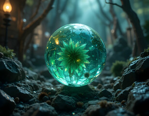 Glowing Orb with Plant Inside, Mystical Forest Scene with Rock