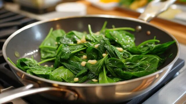 Delicious saut&eacute;ed spinach with garlic sizzling in a pan for nutritious meal prep.