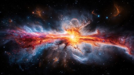 A highly detailed galactic core emitting streams of radiant plasma waves, forming a futuristic and dynamic celestial scene