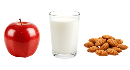 Two red apples, almonds, and a glass of milk placed on a clean white background looking fresh and healthy, perfect for a nutritious breakfast or healthy meal option.