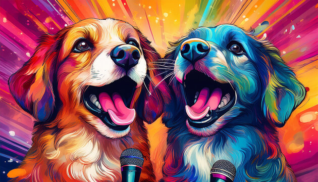 two vibrant stylized dogs singing into a microphone against a colorful background the dynamic illustration conveys energy and a joyful atmosphere