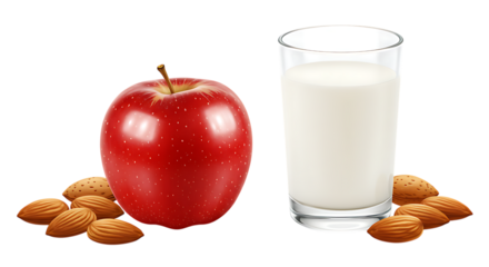 One red apple, almonds, and a glass of fresh milk placed neatly on a clean white background looking nutritious, simple, and healthy for breakfast or light meal ideas.