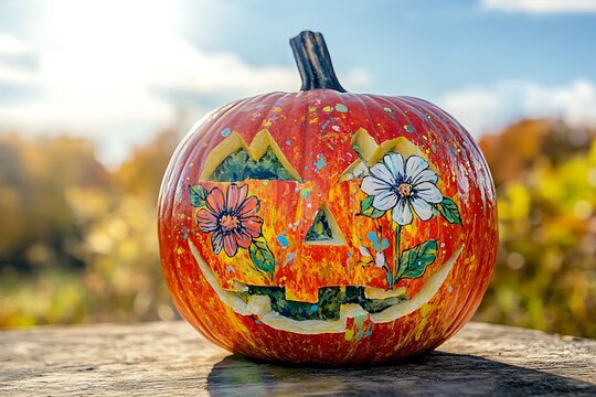 Lively Halloween pumpkin adorned with painted flowers against a sunny day backdrop.