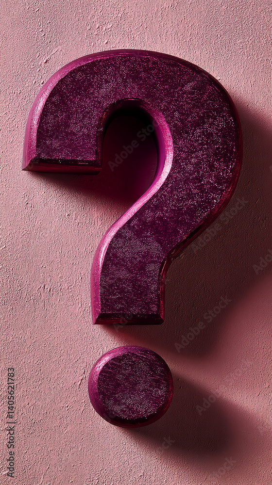 Poster dark pink question mark and dot on pink textured background, showcasing uncertainty, inquiry, or the