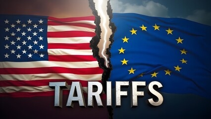USA and EU Flags Split by Trade Conflict with "TARIFFS" Text