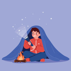 Obraz premium A young boy sitting under a blue blanket, holding a flashlight while sitting beside a small campfire, creating a cozy and playful atmosphere in flat vector art