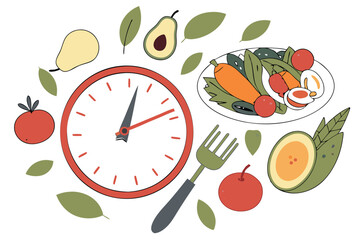 101 Clock face, plate, fresh vegetables, fruits, intermittent fasting concept, healthy eating, time-restricted feeding, colorful produce, nutritious diet, fork and knife, circular composition, white b