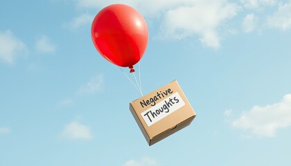 Red Balloon Lifting Cardboard Box Labeled Negative Thoughts Against Blue Sky