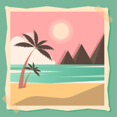 Retro Tropical Beach Landscape with Palm Trees, Mountains, and Sunset in Vintage Poster Style – Summer Ocean Coast Illustration for Travel and Vacation Design