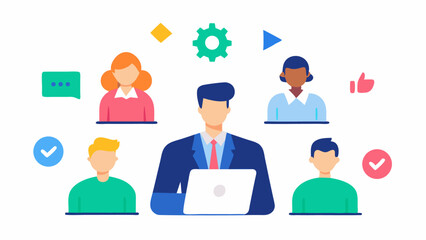 Creative management scene showing people working together on planning, organizing, and preparing projects with collaborative office character illustrations