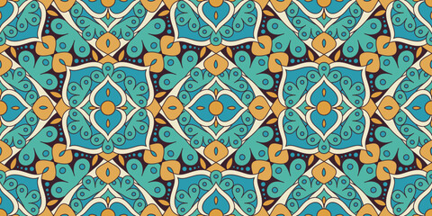 Seamless pattern with traditional Indian floral ornament for fabric swatch or wrapping paper. Vector abstract kaleidoscopic background