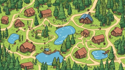Charming cartoon map showcasing cozy cabins nestled amongst towering evergreen trees