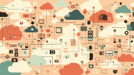 Naklejka premium Interconnected Cloud Computing Network: Pastel Tech Illustration