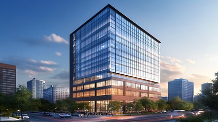 Fototapeta premium Twilight atmosphere enhancing glow of city office tower high resolution picture
