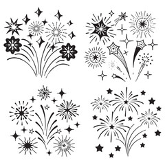 Black decorative sparkles, sparkling stars, shiny flashes of fireworks. Collection original stars vector illustration