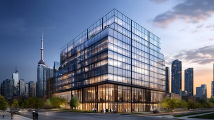 Fototapeta premium Lights from within modern office tower at twilight high resolution picture