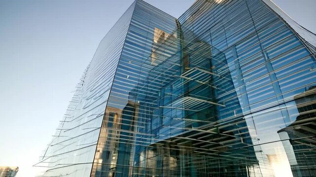 Modern Office Building Facade With Blue Glass Panels Under a Cloudy Sky, Paint a picture of a modern office building with a fa&Atilde;&sect;ade covered in photovoltaic panels for renewable energy generation