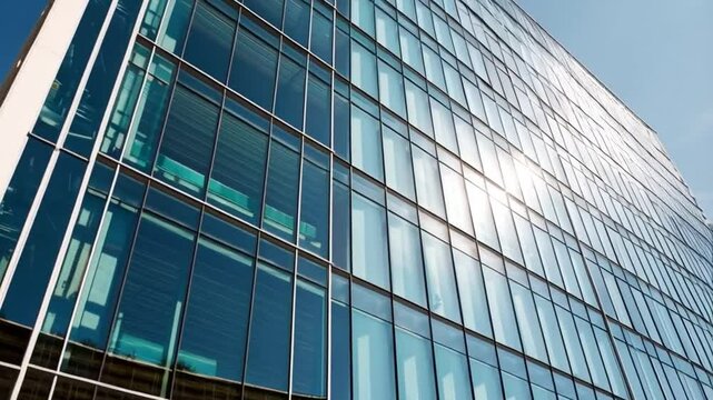 Modern Office Building Facade With Blue Glass Panels Under a Cloudy Sky, Paint a picture of a modern office building with a fa&Atilde;&sect;ade covered in photovoltaic panels for renewable energy generation