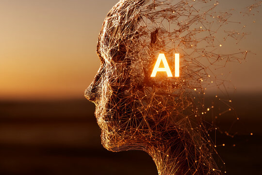 Abstract profile of a head formed by interconnected lines and nodes, glowing AI lettering inside, set against a sunset backdrop, showcasing the concept of artificial intelligence