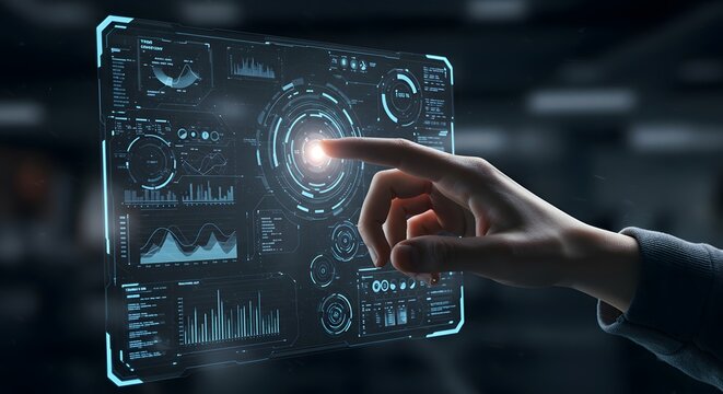 young man touching virtual screen - Powered by Adobe