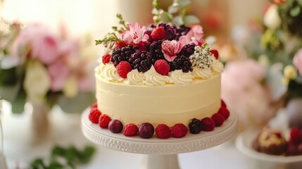 A beautifully decorated cake with berries and flowers on display