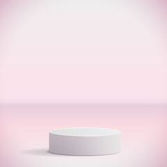 White cylindrical podium on light pink background. Vector 3D design template for product presentation