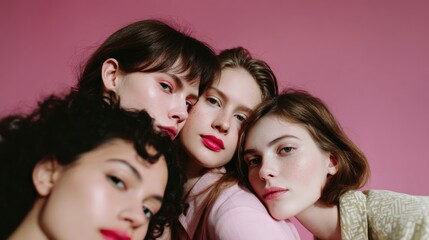 Diverse Beauty Portrait – Close-Up of Multi-Ethnic Models with Glowing Skin, Soft Pastel Light, Natural Makeup, Skincare Aesthetic, High Fashion Editorial Style, Copy Space