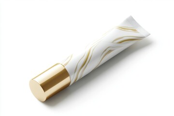 A blank cosmetic squeeze tube with a gold cap, luxury aesthetic, soft lighting, ultra-detailed rendering, isolated on white