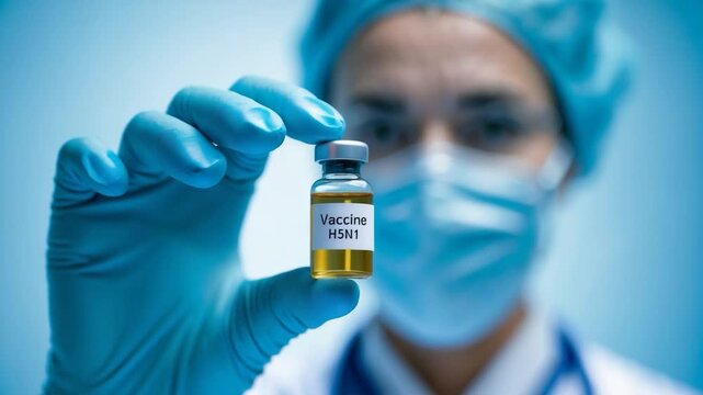A medical professional wearing blue gloves holding a bottle with a vaccine vial. The theme of healthcare, medicine, and science.
