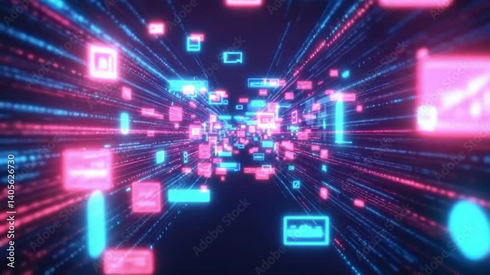 Poster abstract digital data stream with colourful graphics and glowing lines representing technology and c