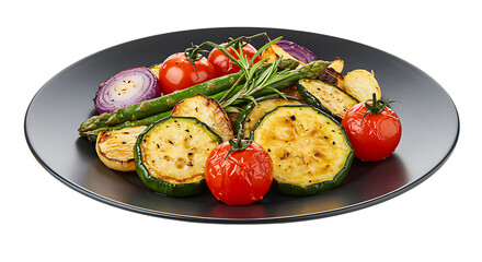 Fresh grilled vegetables including tomatoes, zucchini, and green beans placed on a black plate looking colorful, healthy, and delicious for a nutritious meal.