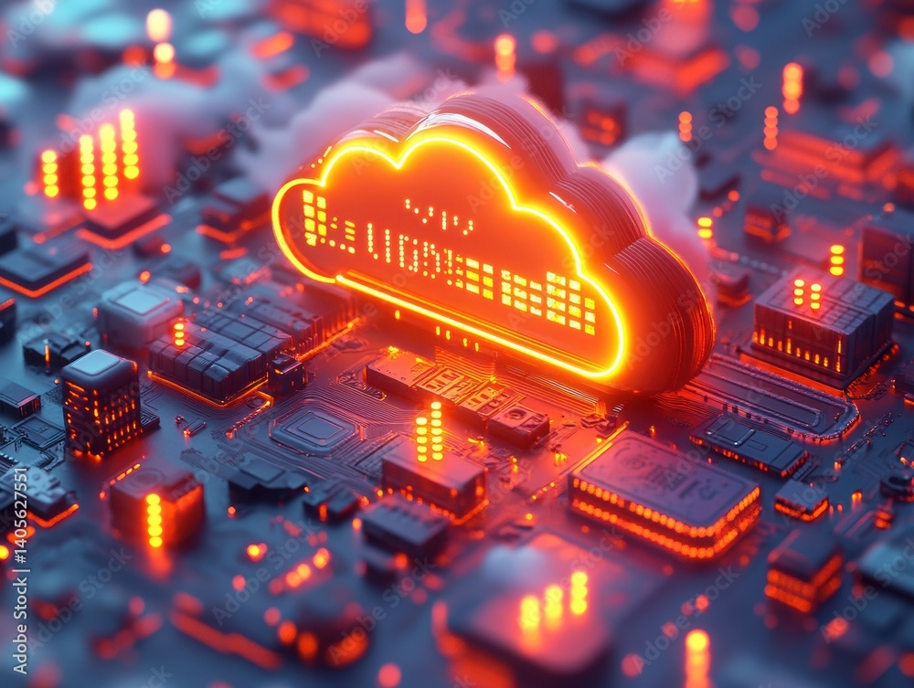 Poster A cloud computing concept with a cityscape and computer components