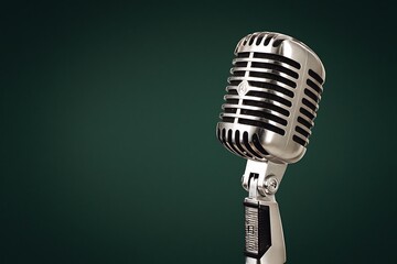 A beautifully rendered vintage chrome microphone on a green background studio shot