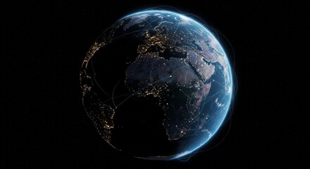 Earth as seen from space during nighttime, focusing on the continents of Africa and Europe. Illuminated city lights dot the landmasses, contrasting beautifully with the dark expanse of space.