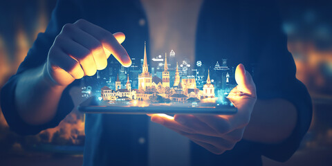 Futuristic AR App Showing Digital Layers Over Urban Environment

