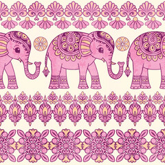 Seamless Pattern Tribal Ethnic indian Elephant pattern,Thai elephant, paisley and hamsa. Ethnic indian elephant background Hand drawn illustration. Wallpaper, cloth design, fabric, tissue, carpet