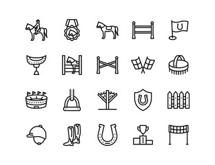 Equestrian Sport Vector Icon Set | Adjustable Line Weight | Horse, rider, saddle, trophy, boots, helmet, fence, stirrup, medal, stable, flag, jump, grooming icons