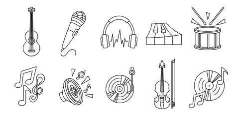 Set of line style music themes. Contains guitar, microphone, headphone, piano, drum, speaker, vinyl record, music note and violin elements. Editable strokes