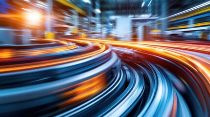 A motion-blurred abstract of high-speed automated conveyor belts transporting products in a modern factory