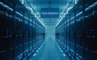 Fototapeta premium Inside a cutting-edge data center, showcasing the core systems. The server racks stand neatly aligned, creating a futuristic and technological atmosphere